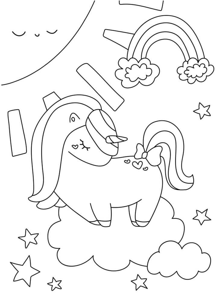 Dibujos de Kawaii Sombrilla de arco iris de la Estrella Unicornio en las Nubes para colorear