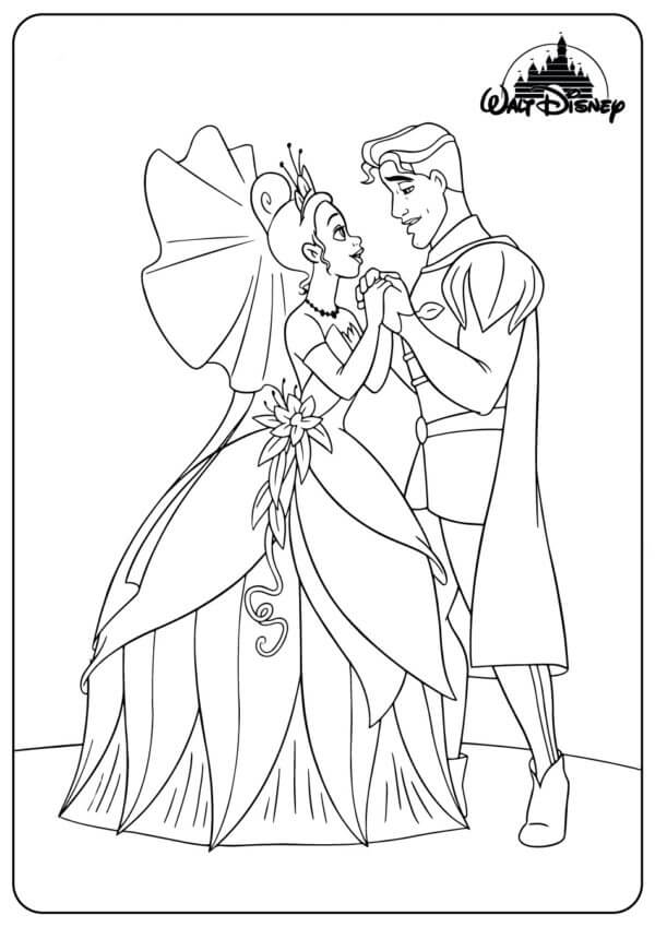 Dibujos de La Bella Princesa Tiana Con El Príncipe en Su Boda para colorear