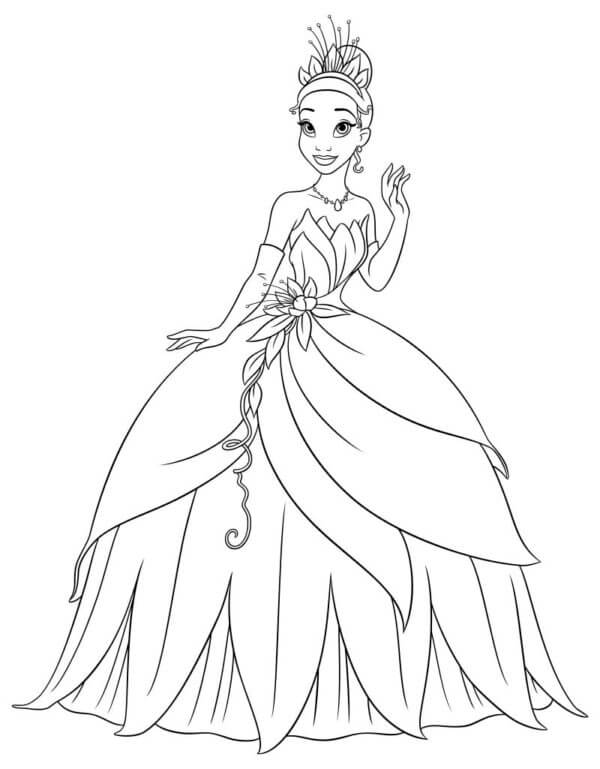 Dibujos de La Elegante Princesa Tiana Con un Exuberante Vestido Azul para colorear