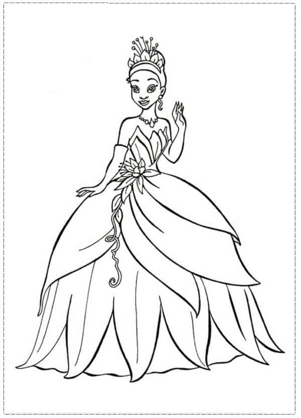 Dibujos de La Lujosa Princesa Tiana Con un Magnífico Vestido para colorear