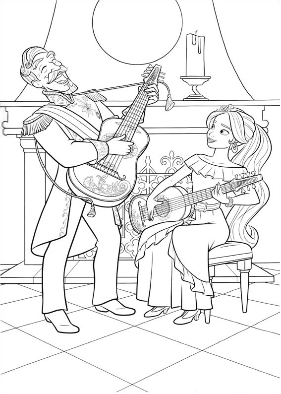 Dibujos de La Princesa Elena con el Padre Tocando la Guitarra para colorear