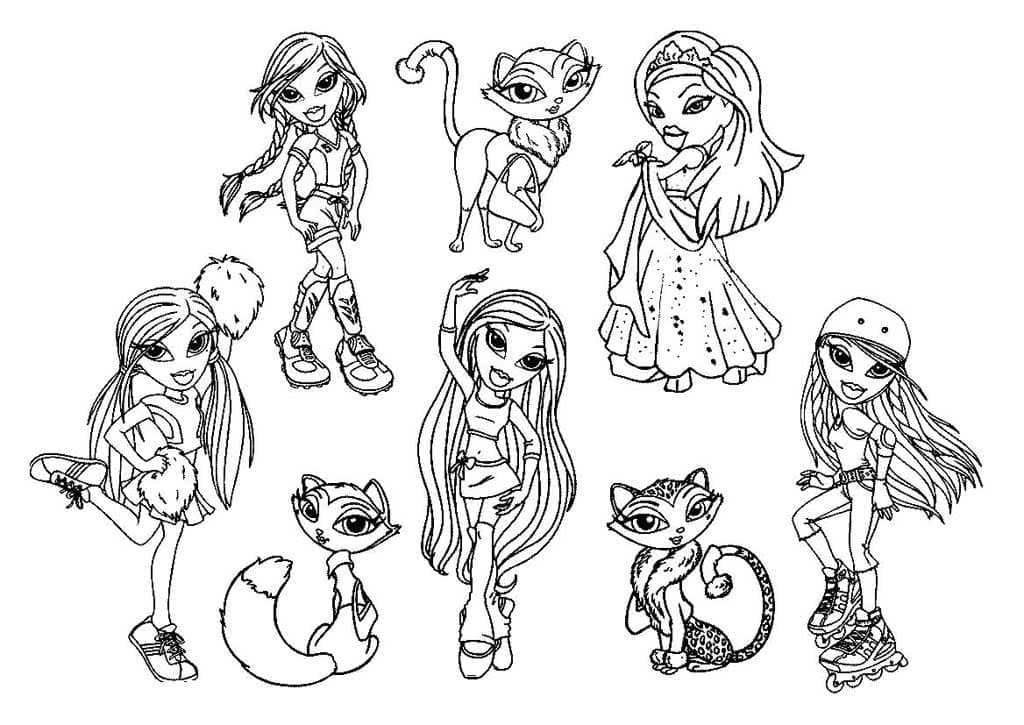 Dibujos de Las chicas Bratz y sus mascotas para colorear