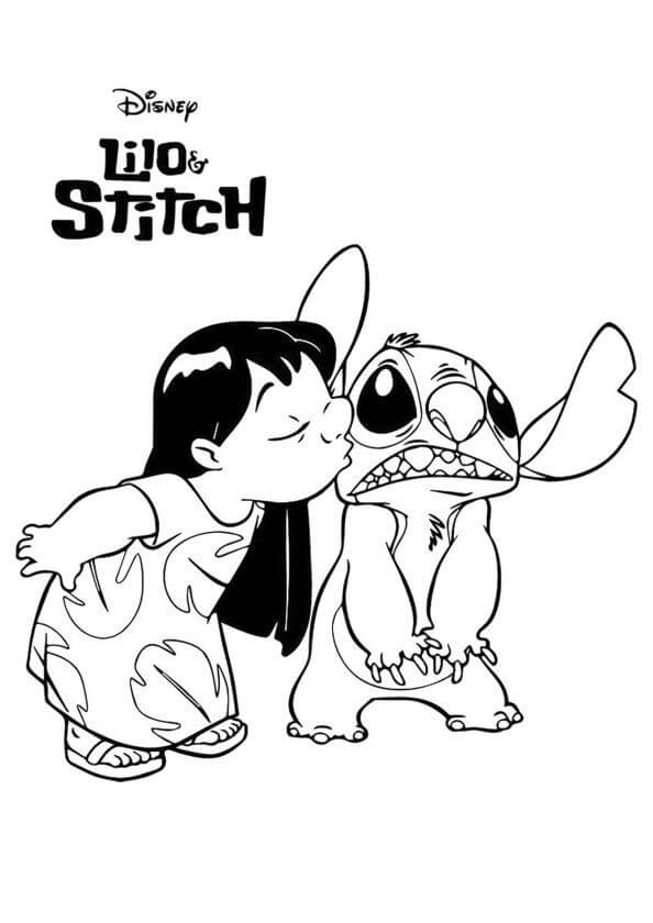 Lilo besando Stitch para colorir