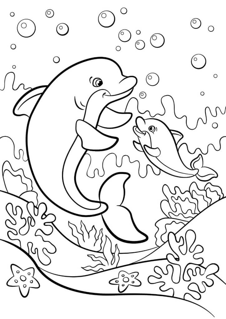 Dibujos de Linda Madre Delfín y Bebé Delfín para colorear