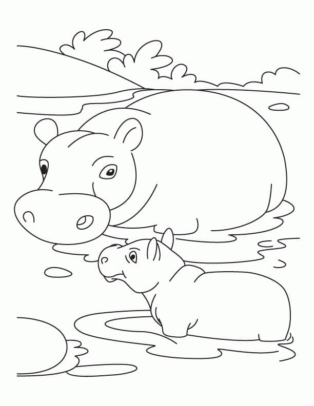 Dibujos de Linda Madre Hipopótamo y Bebé Hipopótamo para colorear