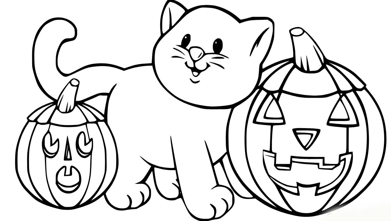 Dibujos de Lindo gato con dos calabazas para colorear