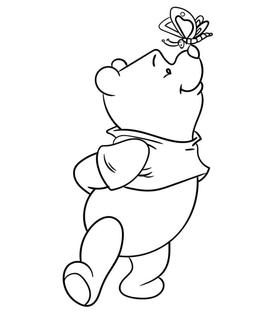 Dibujos de Lindo Winnie de Pooh con Mariposa para colorear