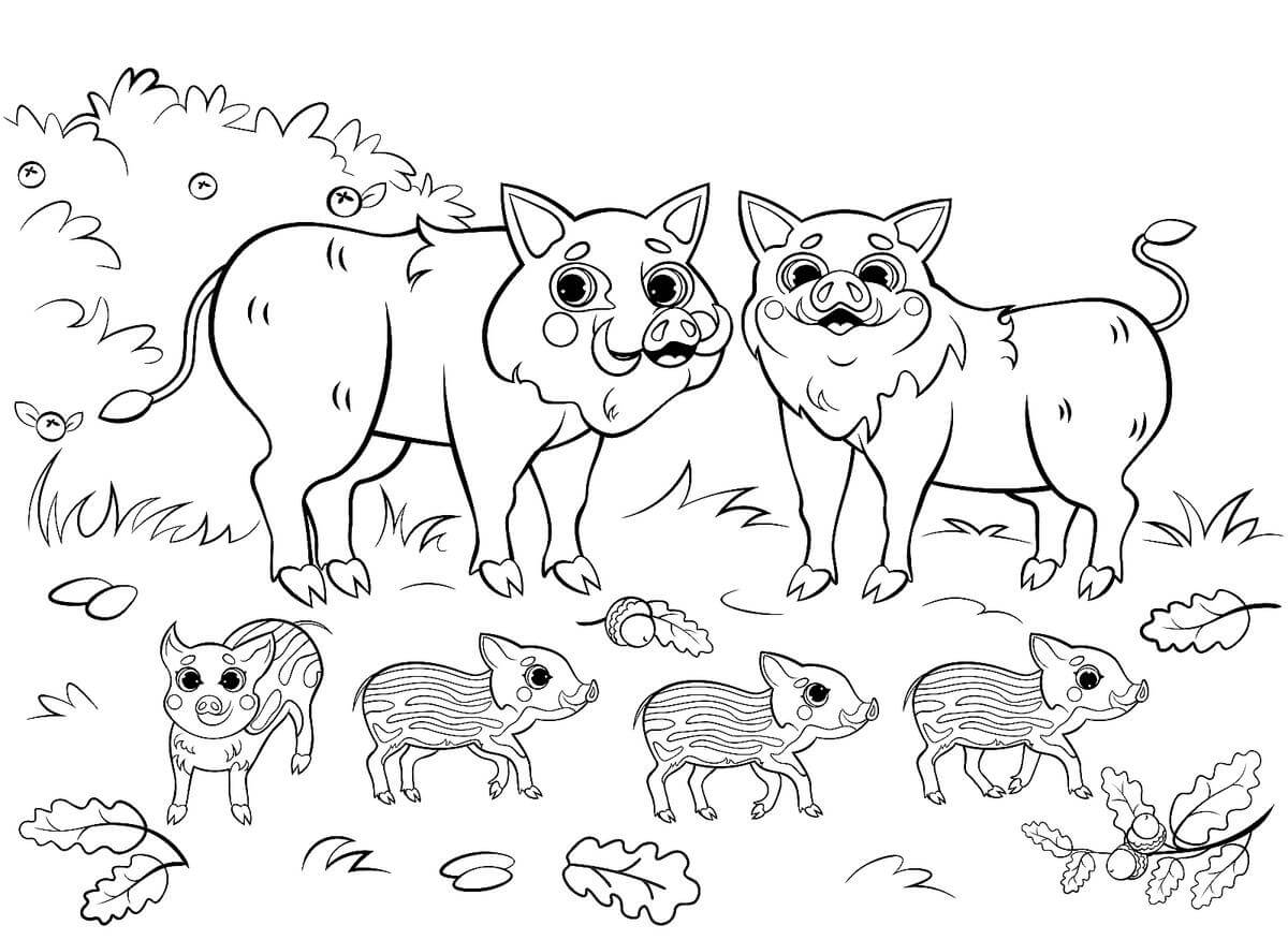 Dibujos de Lindos Cerdos Familiares para colorear