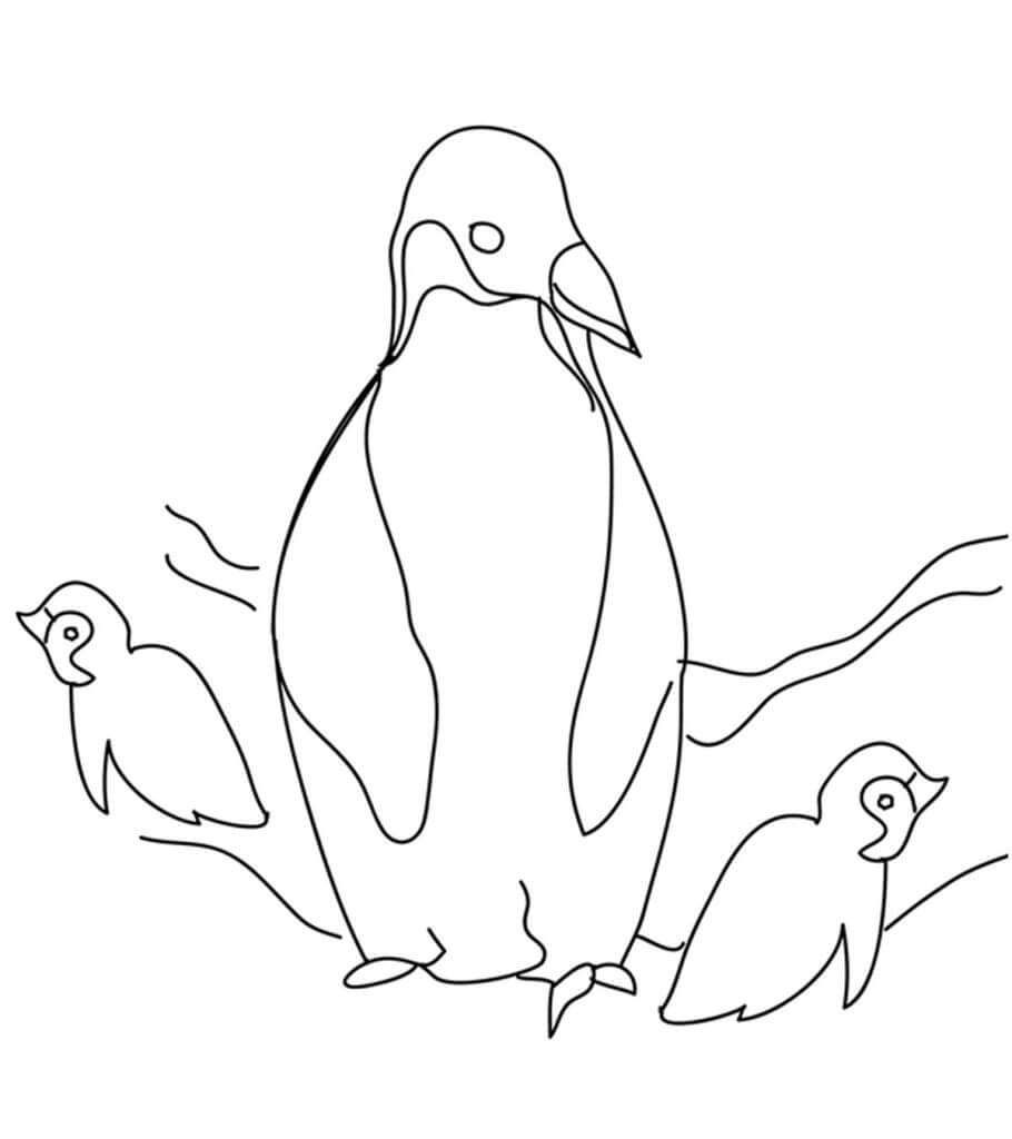 Mamá Pingüina y dos Bebés Pingüinos para colorir