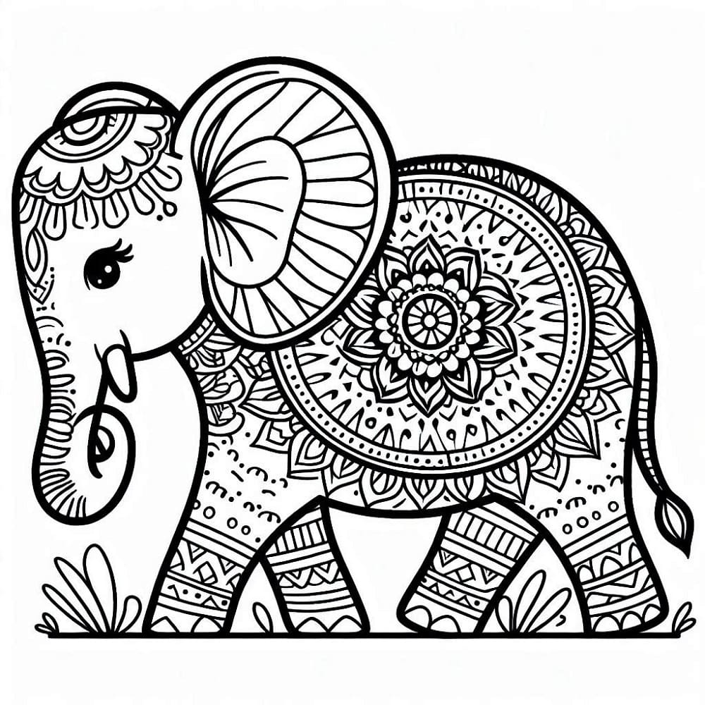 Dibujos de Mandala de Elefante imprimible para colorear
