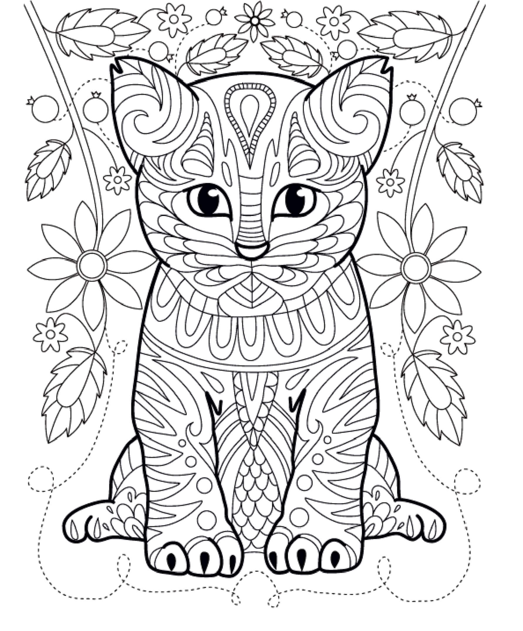 Mandala de Gato con flores para colorir