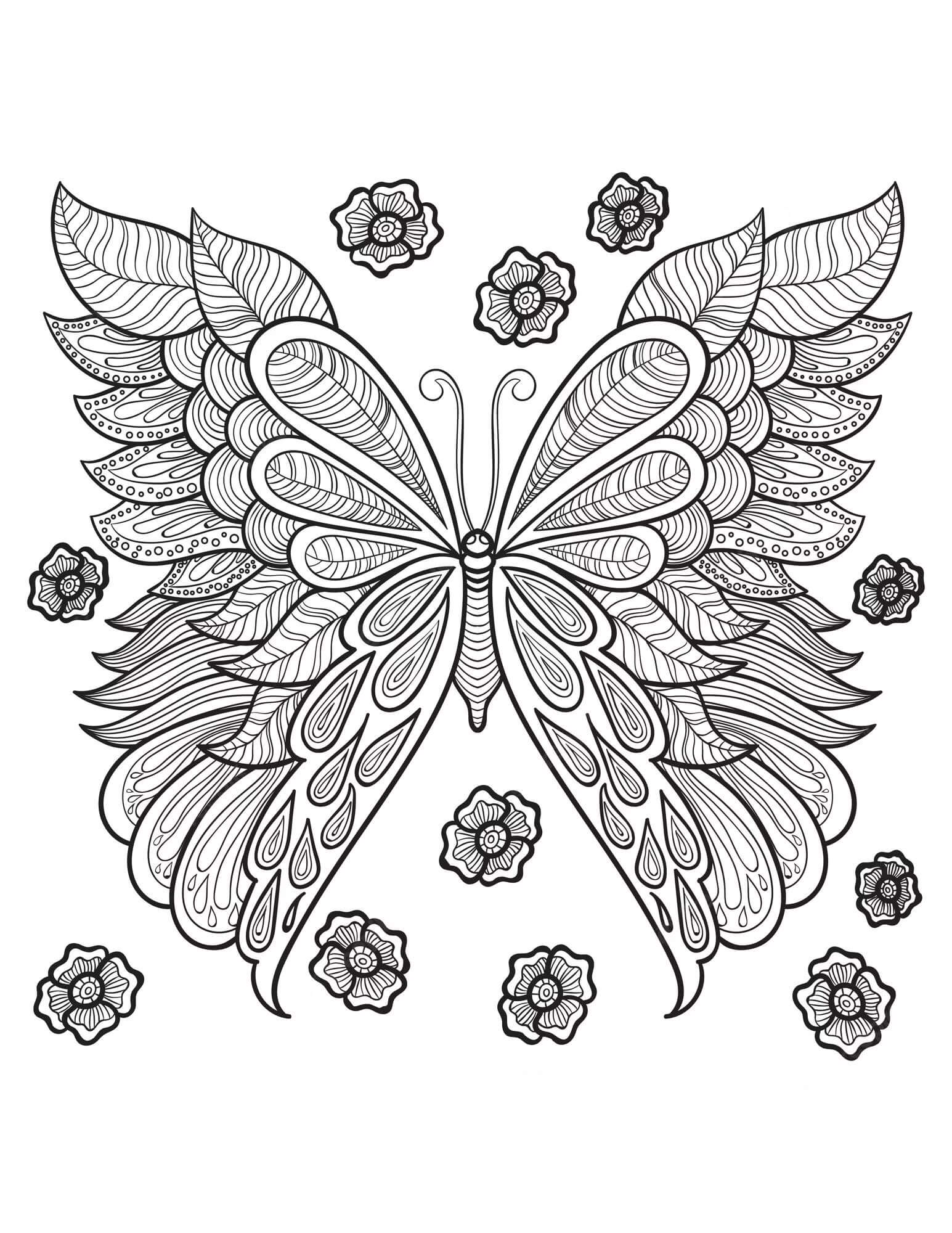 Dibujos de Mandala de mariposa con flores para colorear