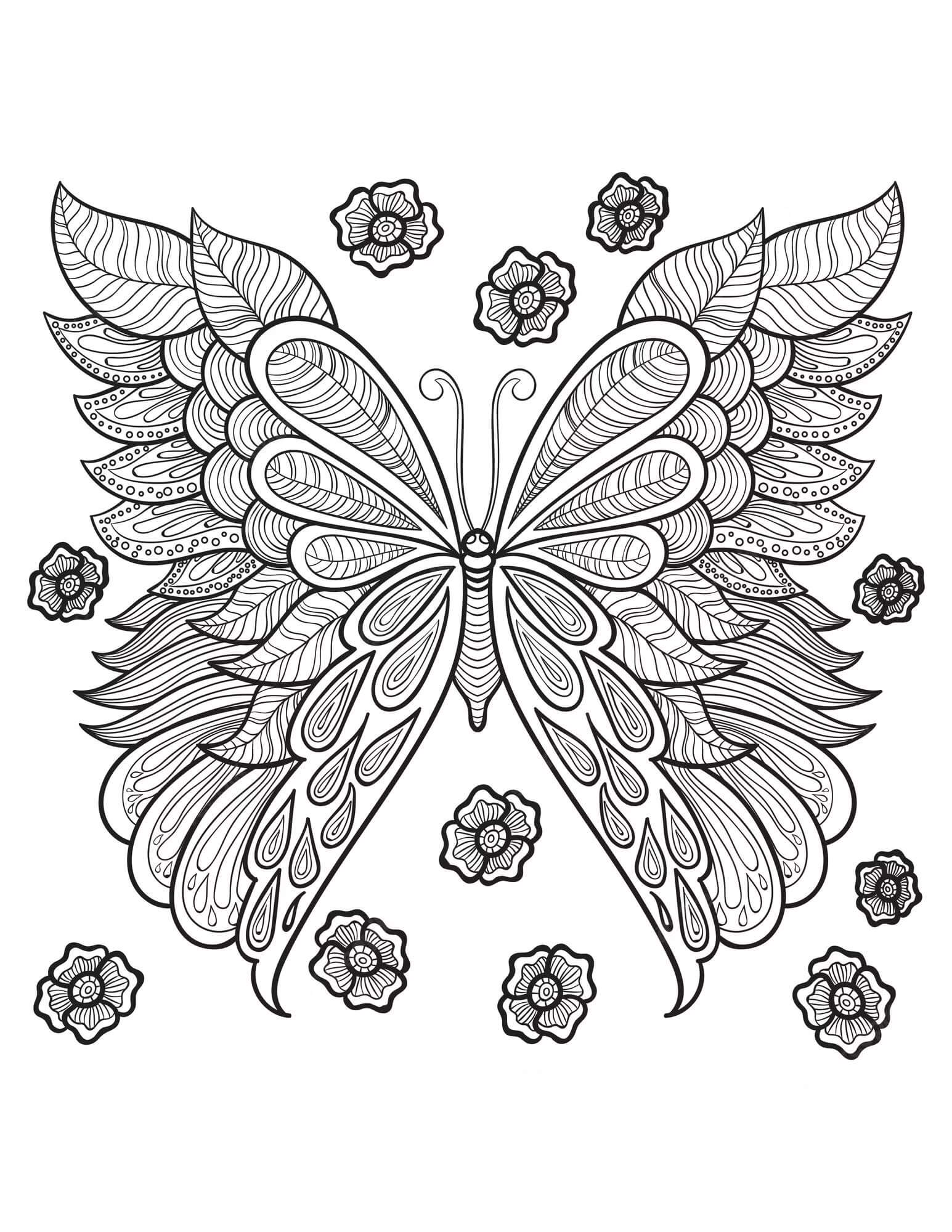 Dibujos de Mandala de Mariposas con flores para colorear