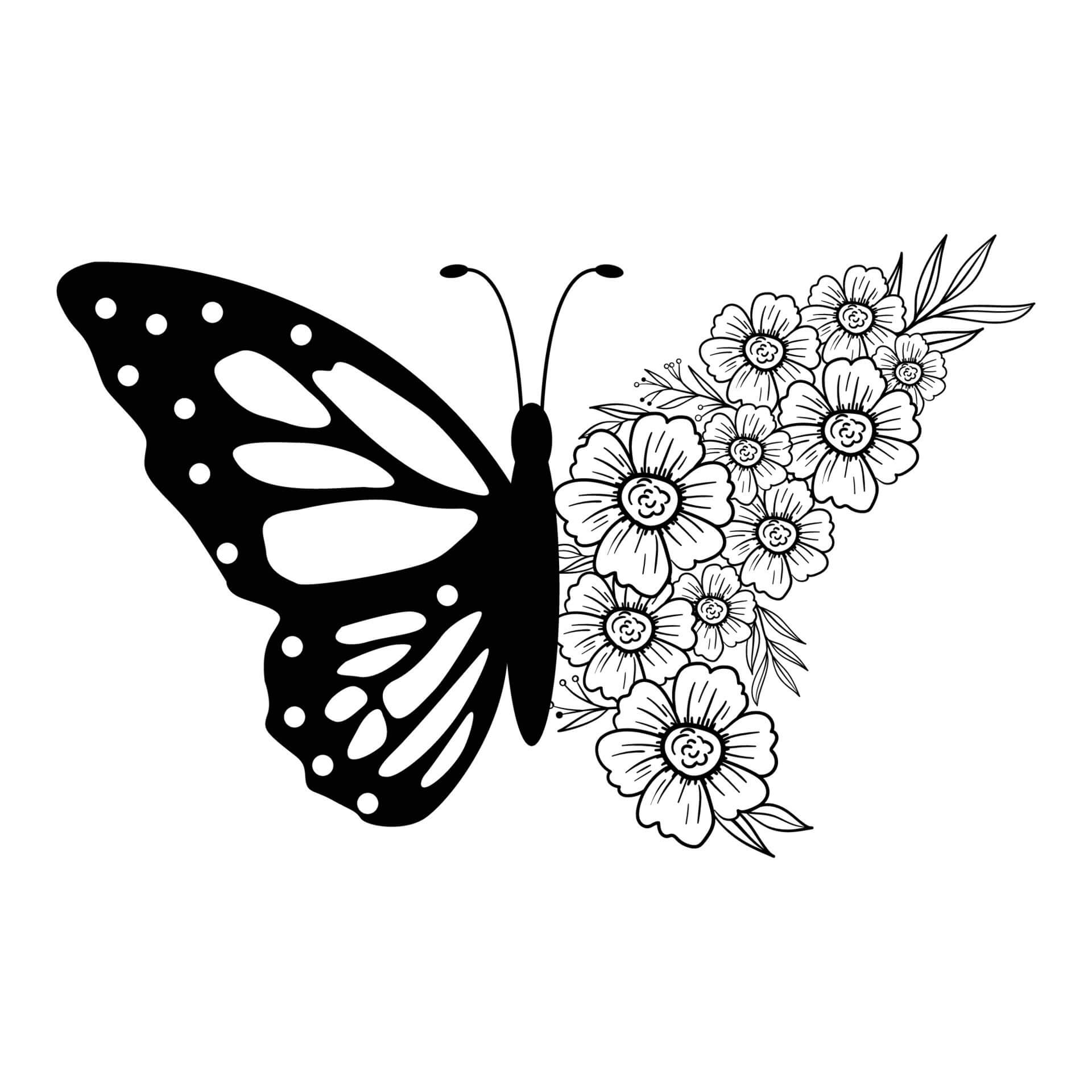 Dibujos de Mandala de Mariposas negra con flores para colorear