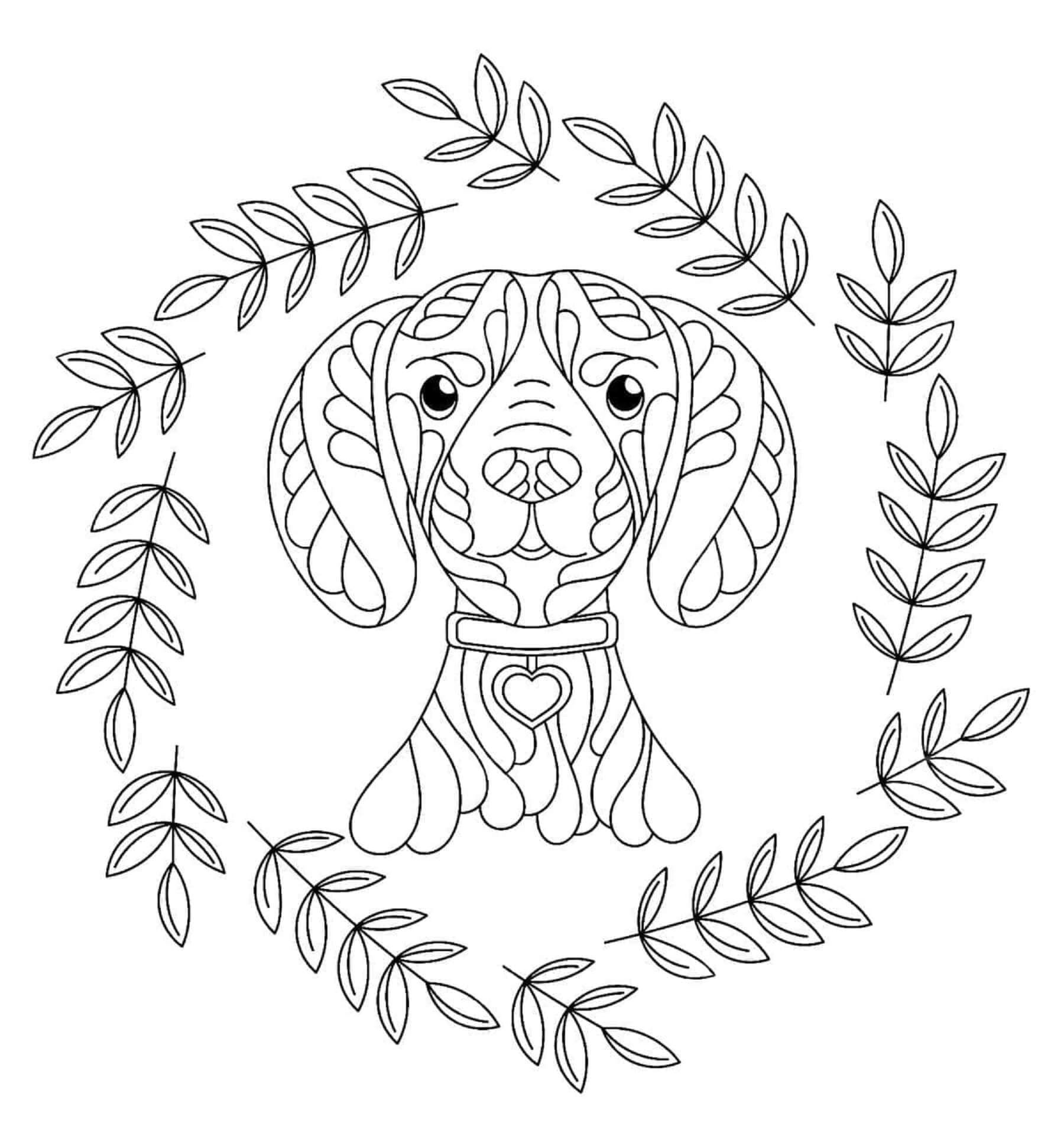 Dibujos de Mandala de Perro con hojas para colorear