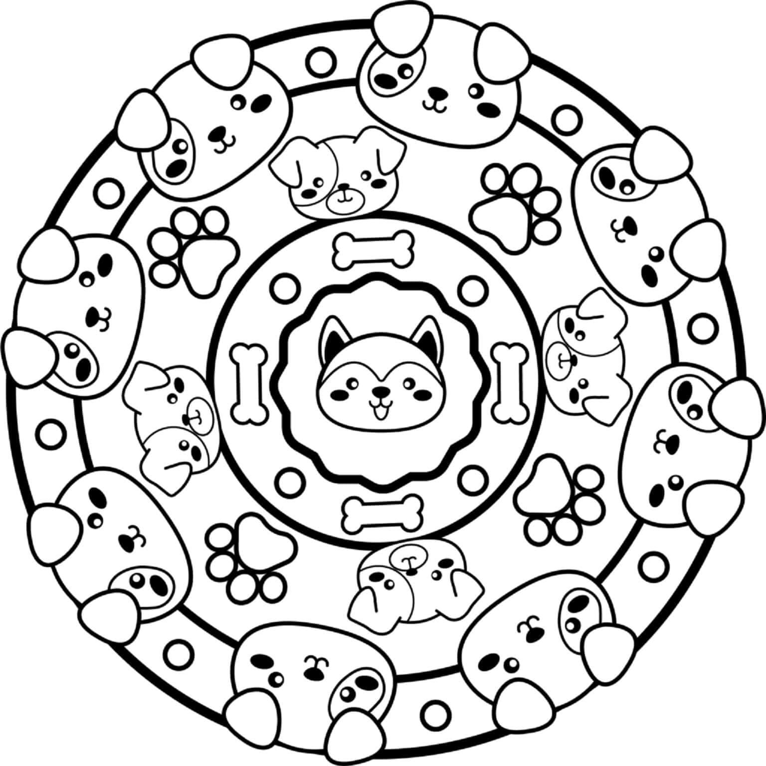 Dibujos de Mandala de Perro kawaii para colorear