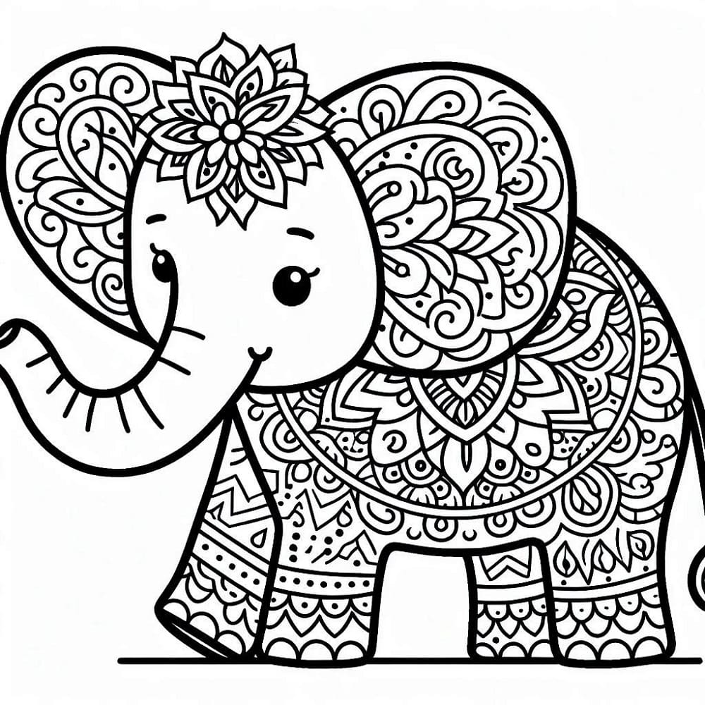 Dibujos de Mandala gratis con un Elefante para colorear