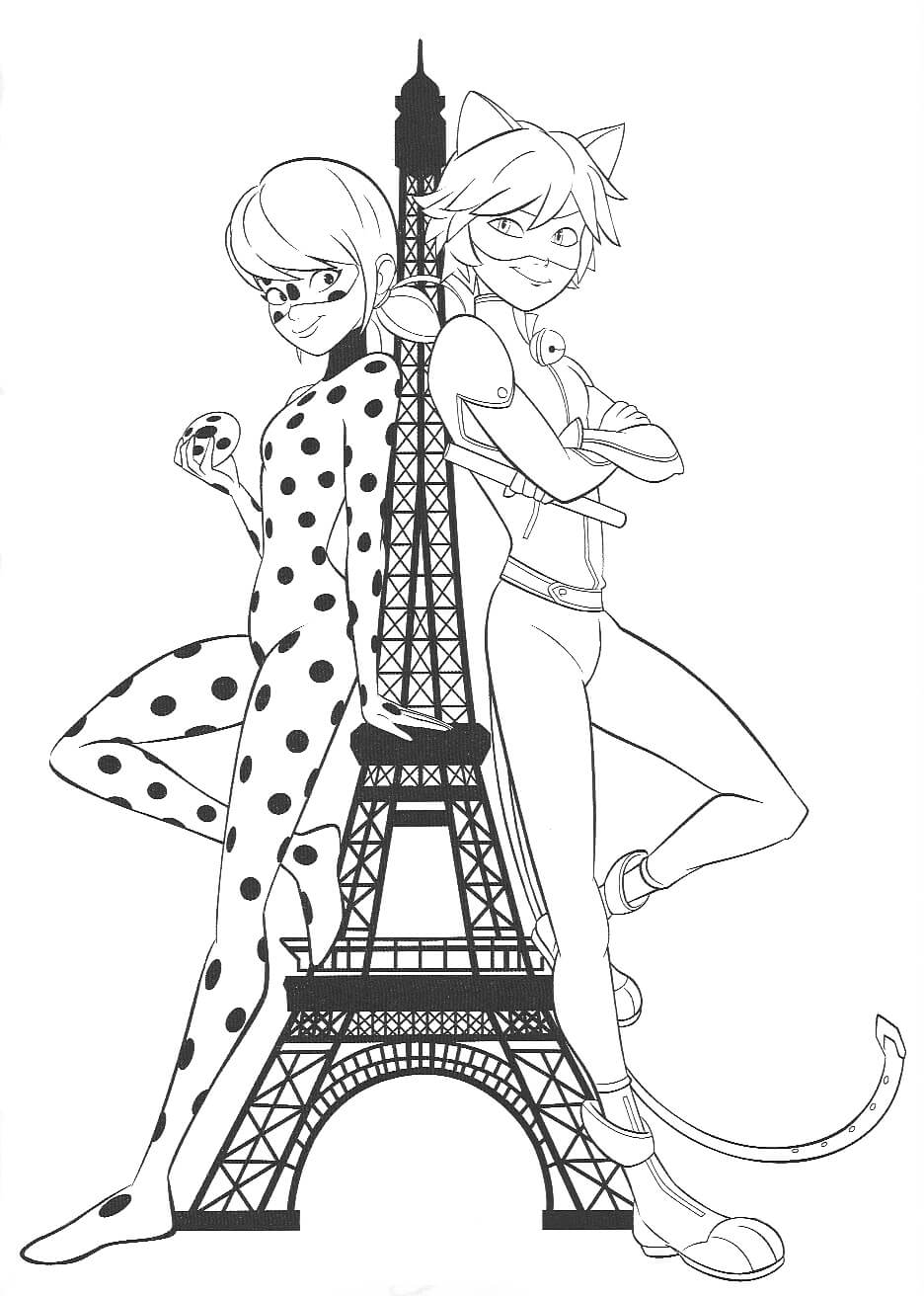 Dibujos de Mariquita y Gato Negro con Torre Effen para colorear