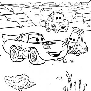 Dibujos de McQueen Cambiando Neumáticos En El Desierto para colorear