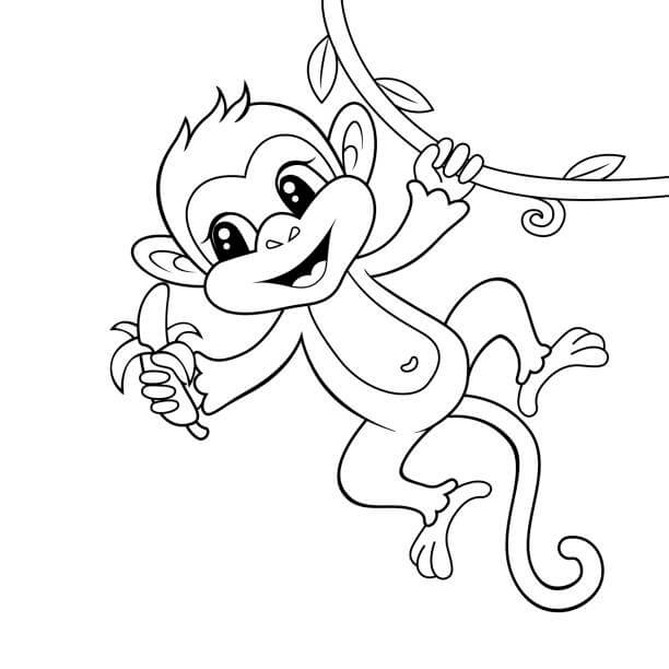 Dibujos de Mono Sosteniendo Plátano y Escalando para colorear