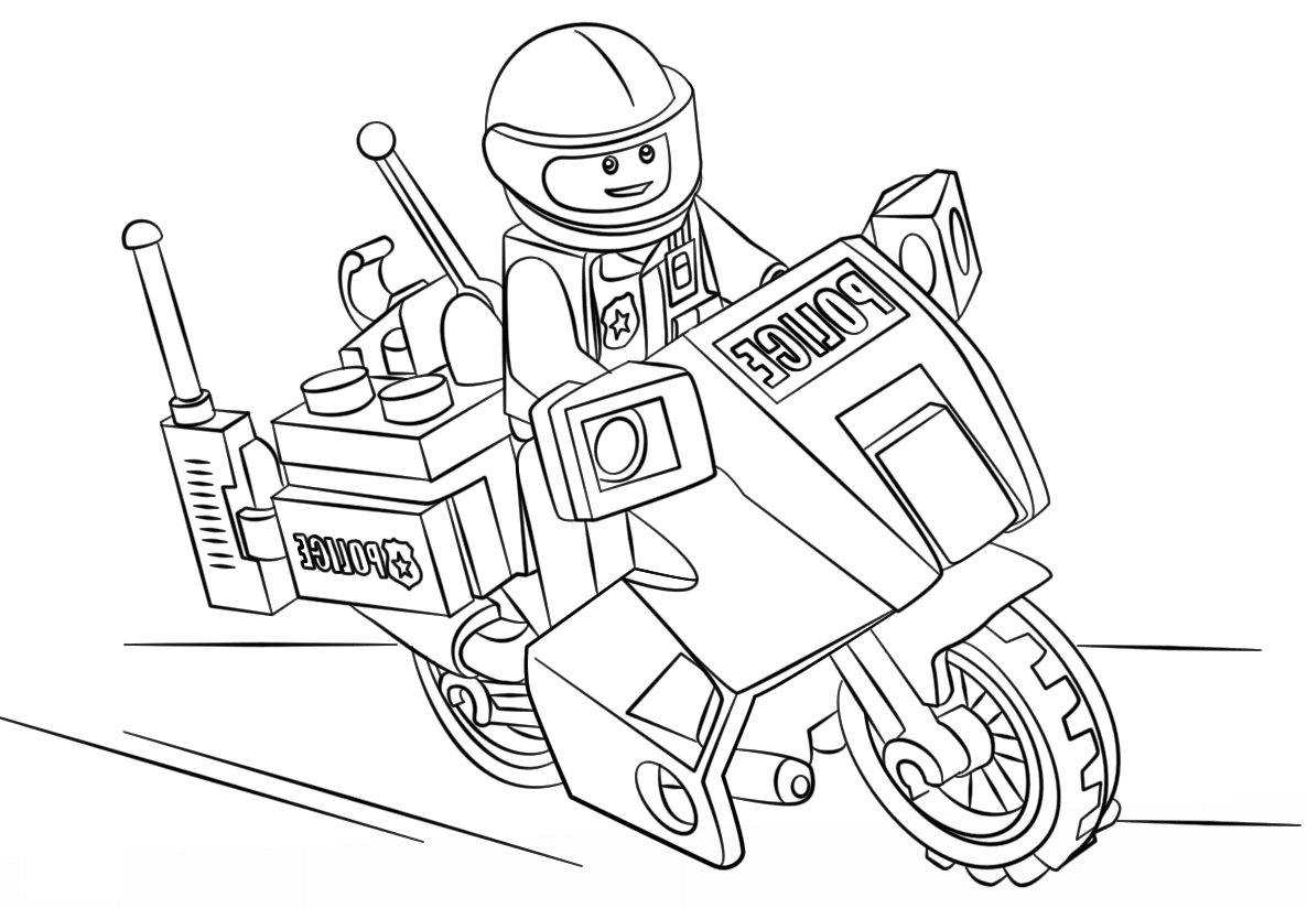 Motocicleta de montar a caballo de la policía de Lego para colorir