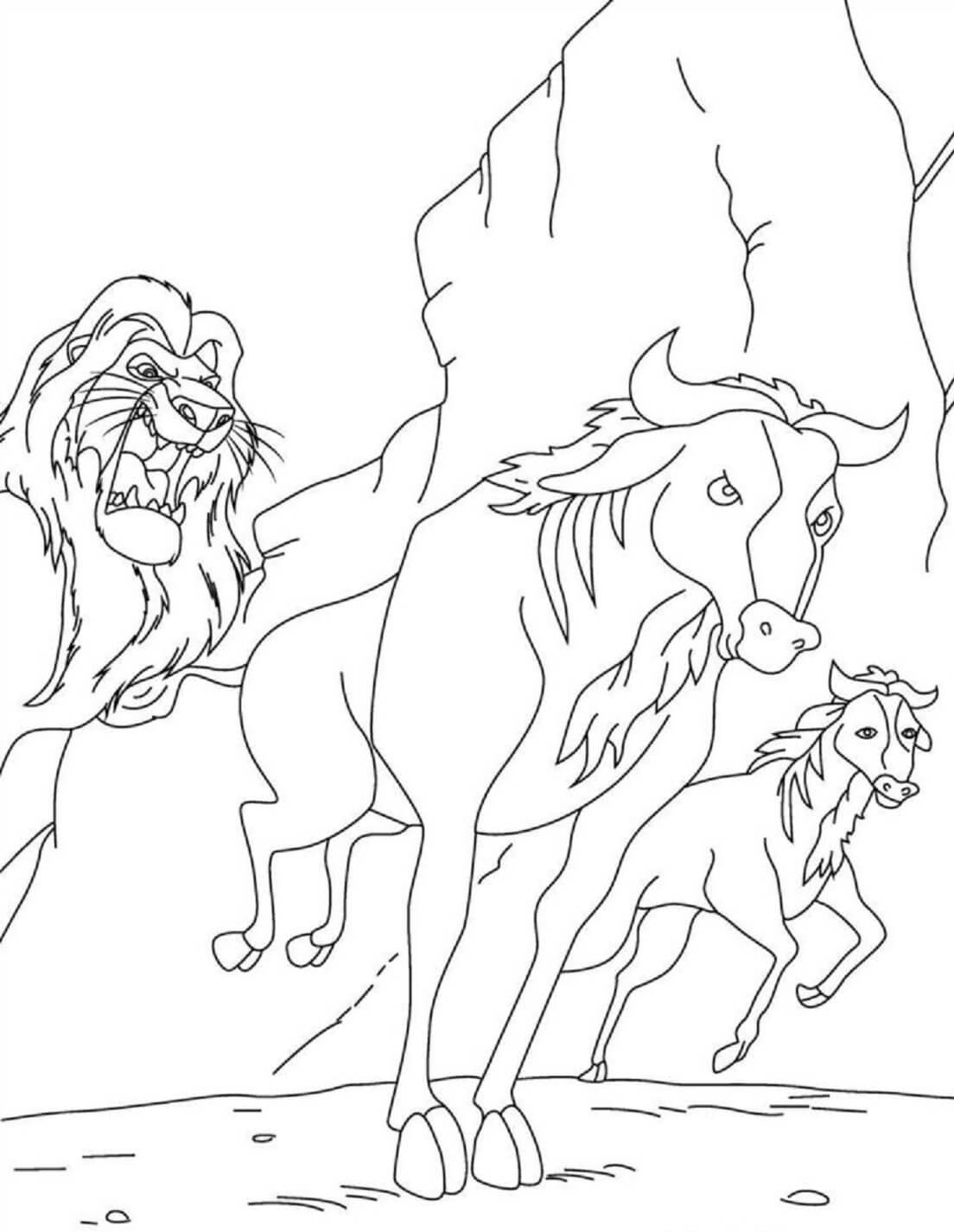 Dibujos de Mufasa enojado con dos caballos para colorear