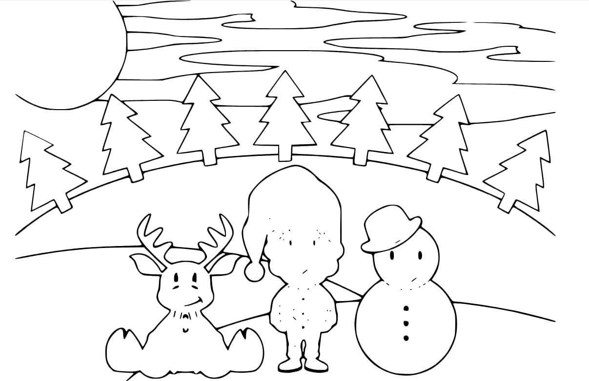 Dibujos de Muñeco de nieve con reno y niño para colorear