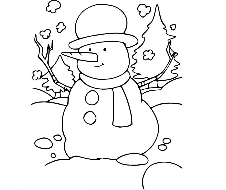 Dibujos de Muñeco de nieve gordo con dos árboles para colorear