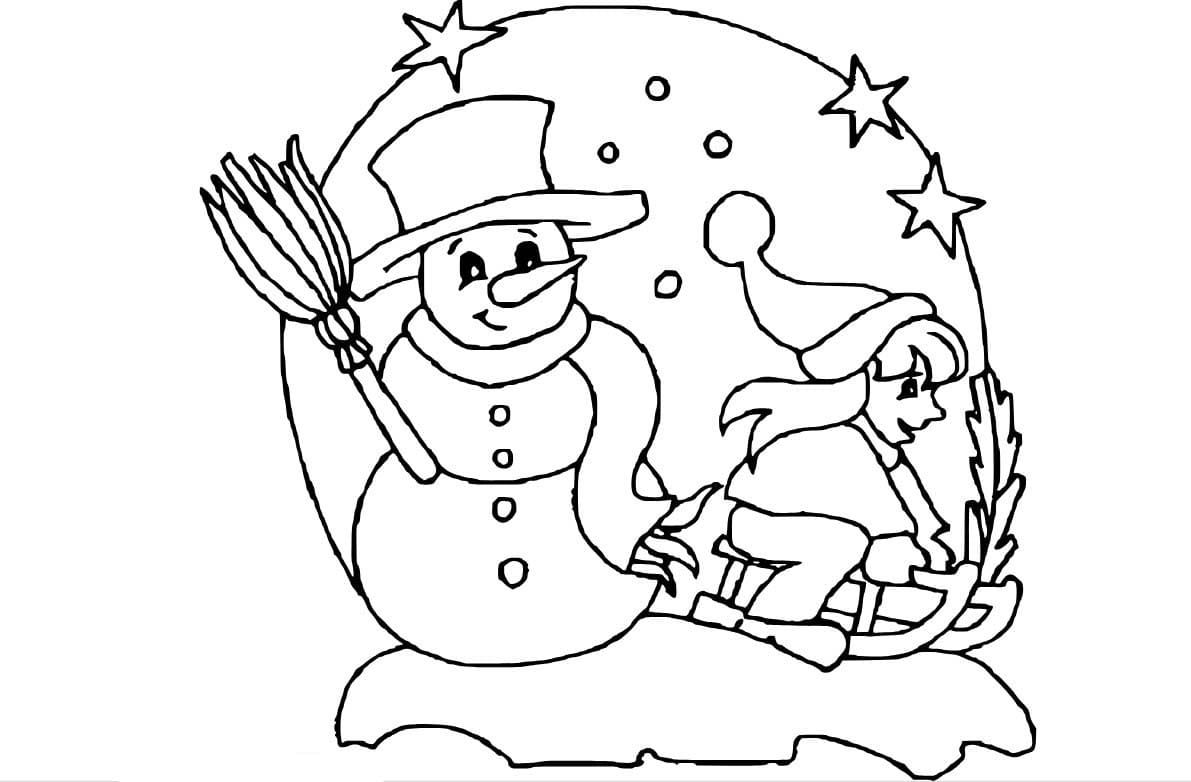 Dibujos de Muñeco de nieve y niño en el trineo para colorear