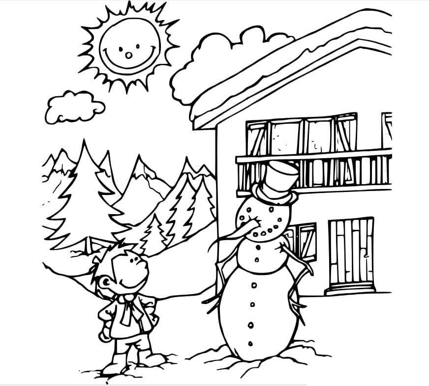 Dibujos de Muñeco de nieve y un niño al sol para colorear