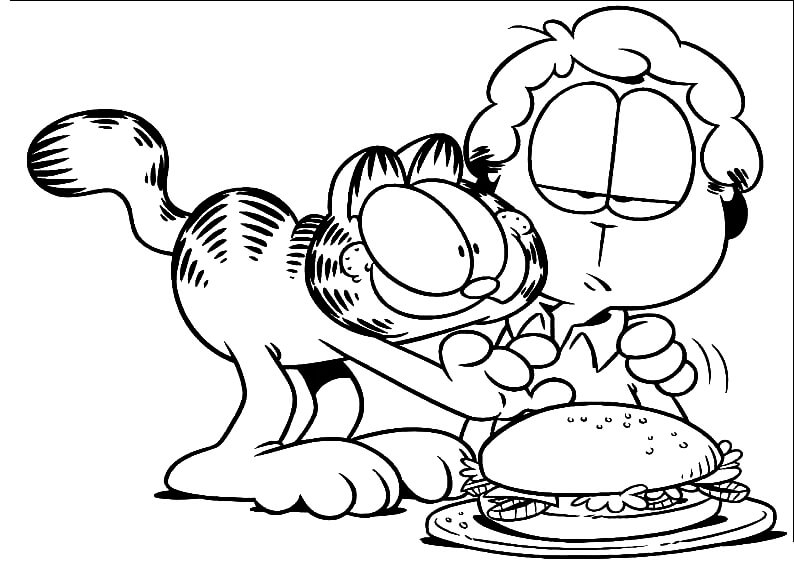 Dibujos de Naughty Garfield y Amigo con Hamburguesa para colorear