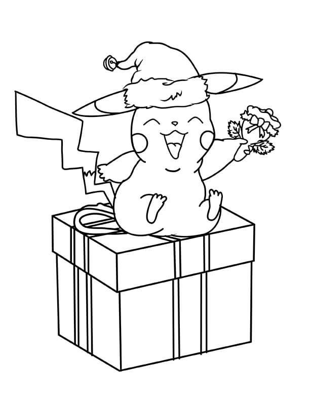 Dibujos de Navidad Pikachu sentado en Caja de Regalo para colorear
