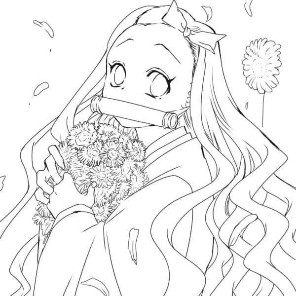 Dibujos de Nezuko con flor para colorear