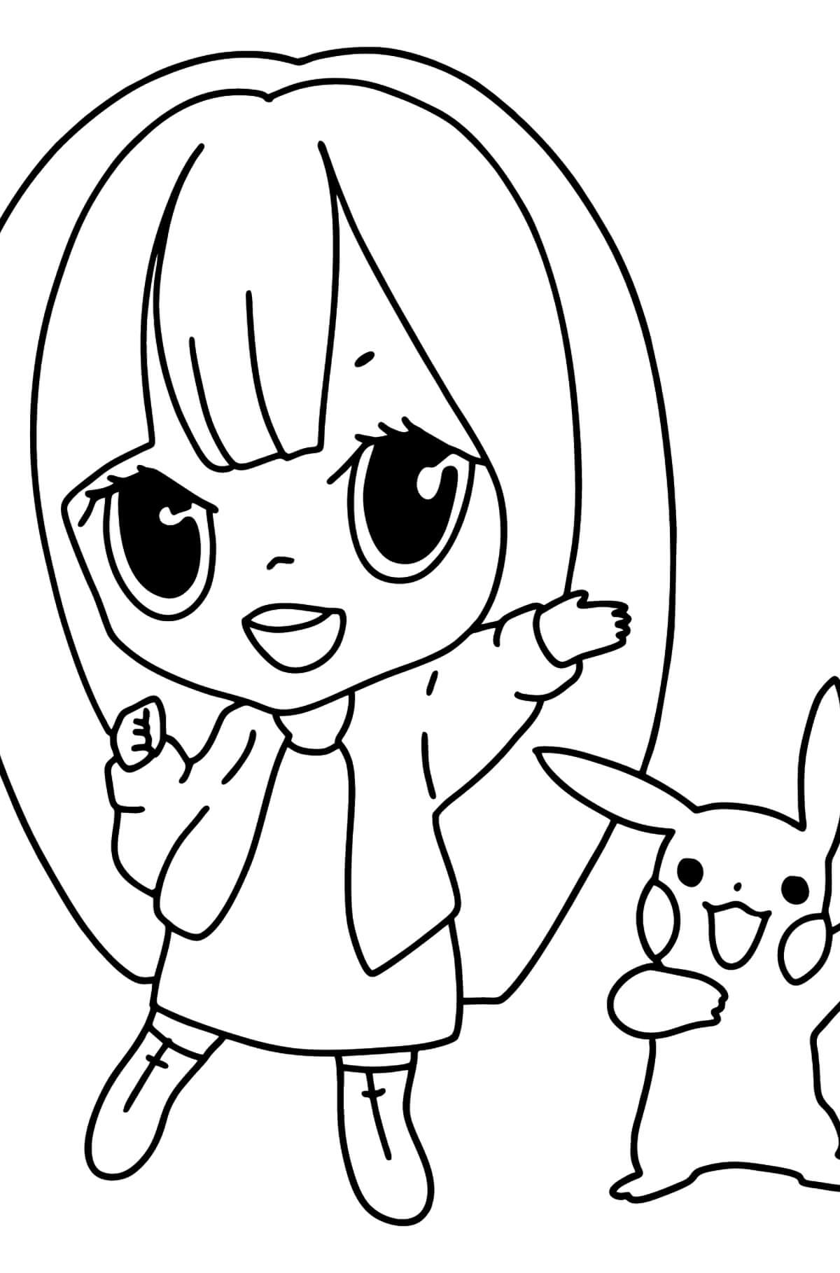 Dibujos de Niña Anime y Pikachu Kawaii para colorear