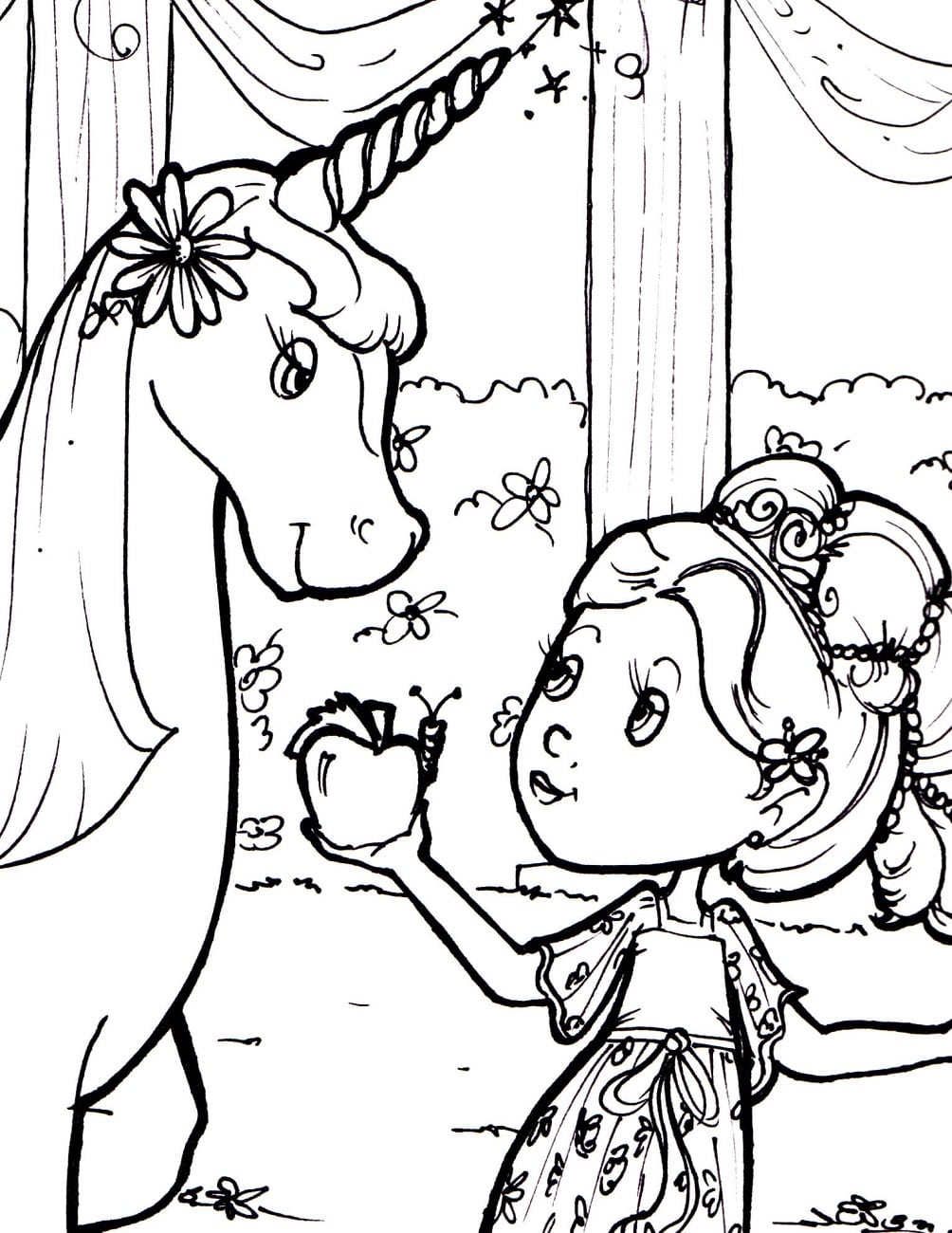 Dibujos de Niña Dando Manzana para Unicornio para colorear