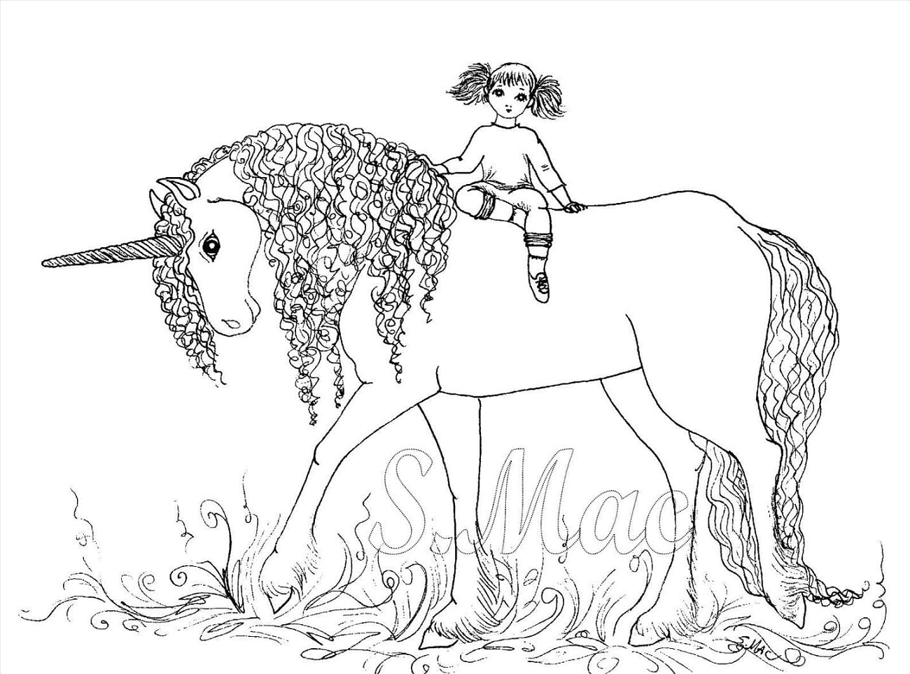 Dibujos de Niña en Unicornio para colorear