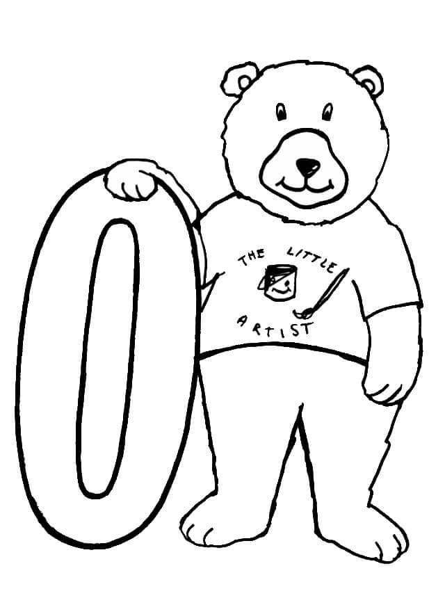 Número 0 con un oso para colorir