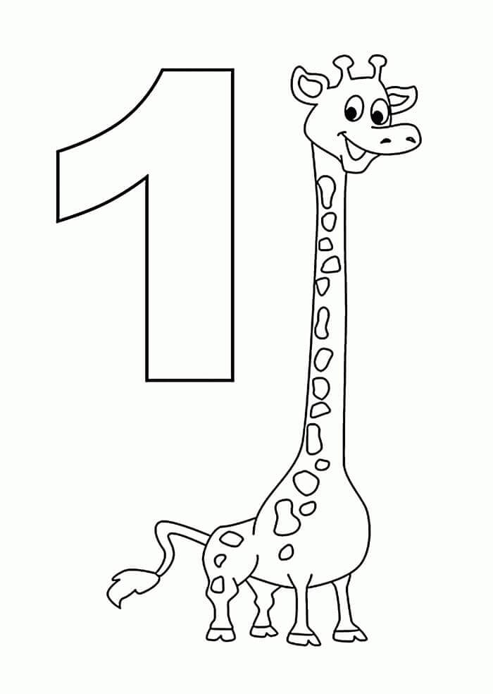 Número 1 con una jirafa alta para colorir