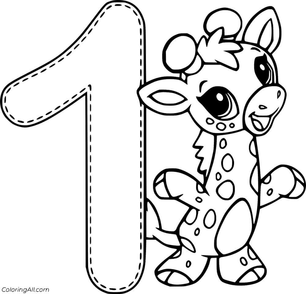 Dibujos de Número 1 con una linda jirafa para colorear