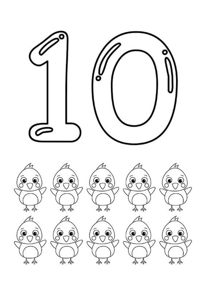 Dibujos de Número 10 con pájaros para colorear
