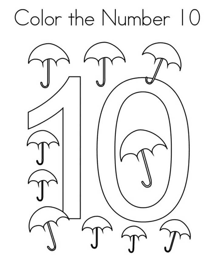 Dibujos de Número 10 con paraguas para colorear
