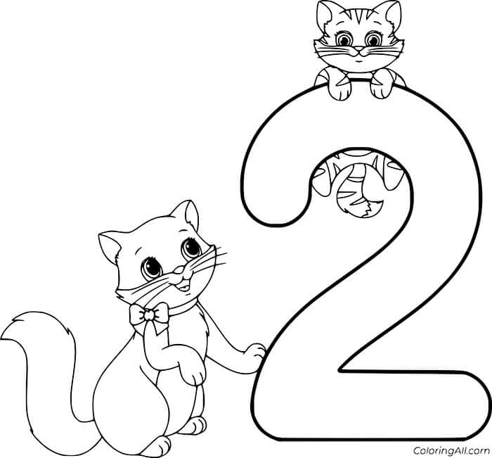Número 2 con gato para colorir