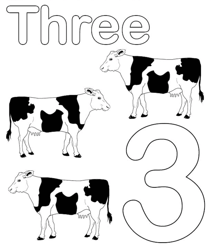 Dibujos de Número 3 con vacas para colorear