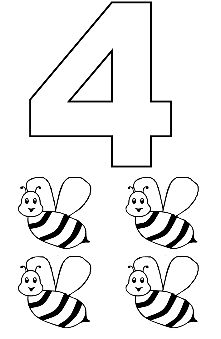 Número 4 con abejas para colorir