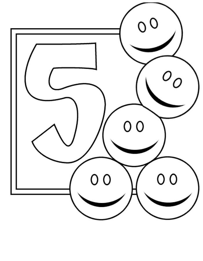 Dibujos de Número 5 con emojis sonrientes para colorear