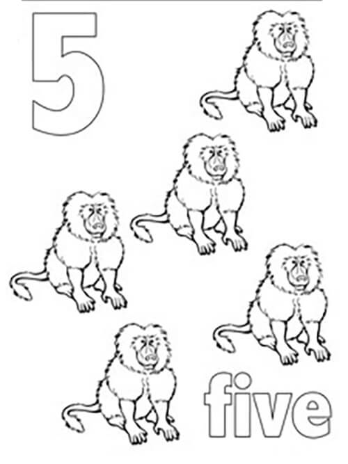 Número 5 con monos para colorir