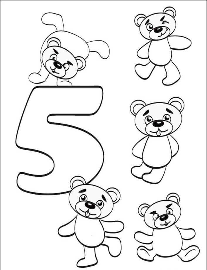 Dibujos de Número 5 con ositos de peluche para colorear