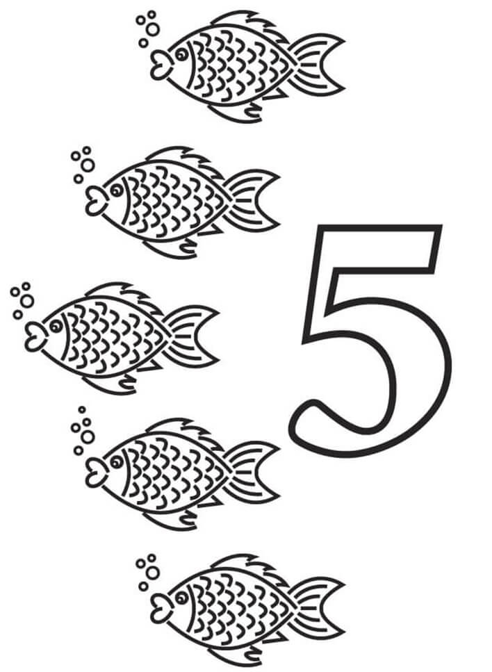 Número 5 con peces para colorir