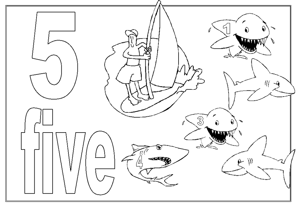 Número 5 con tiburones para colorir
