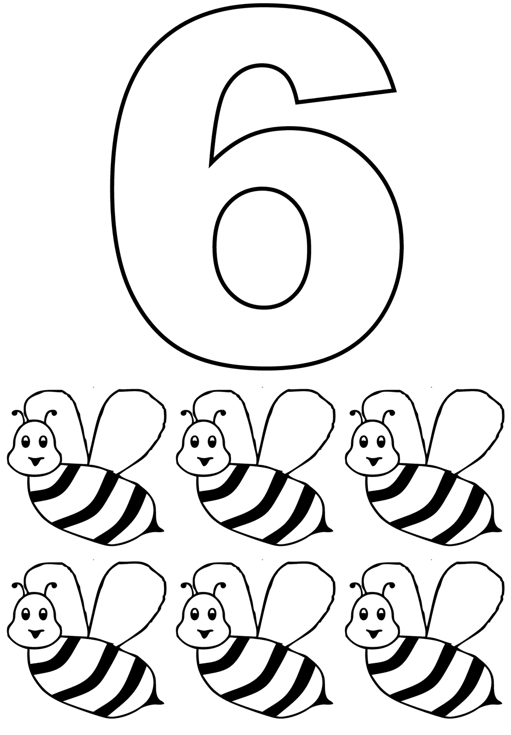 Número 6 con abejas para colorir